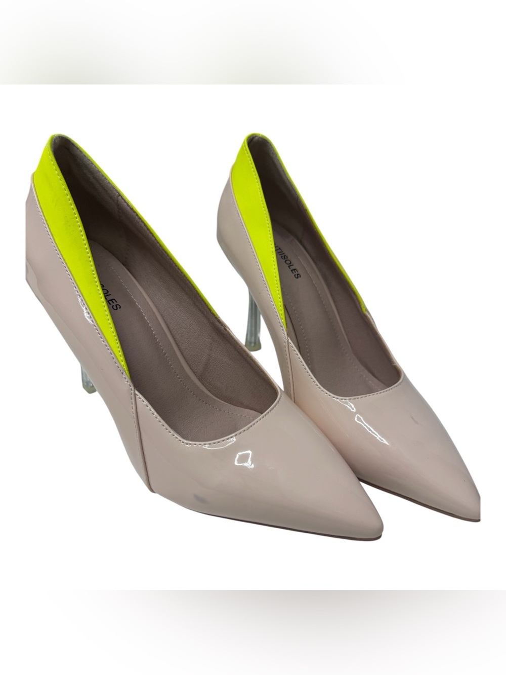Beautiisoles Bardot 20 pumps in beige with neon yellow leather inserts size 9